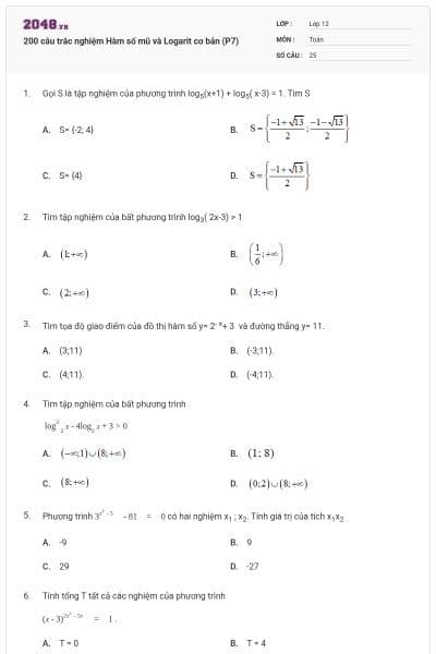 200 câu trắc nghiệm Hàm số mũ và Logarit cơ bản (P7)