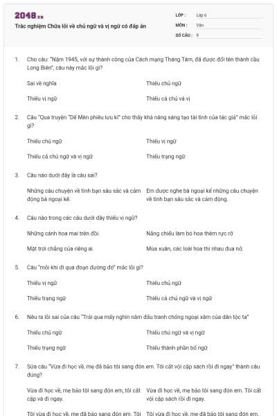 Trắc nghiệm Chữa lỗi về chủ ngữ và vị ngữ có đáp án