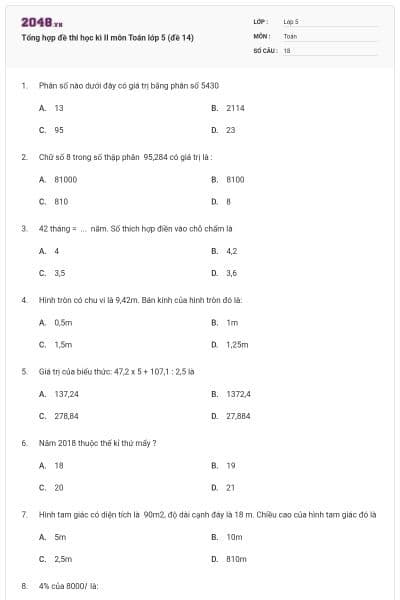 Tổng hợp đề thi học kì II môn Toán lớp 5 (đề 14)