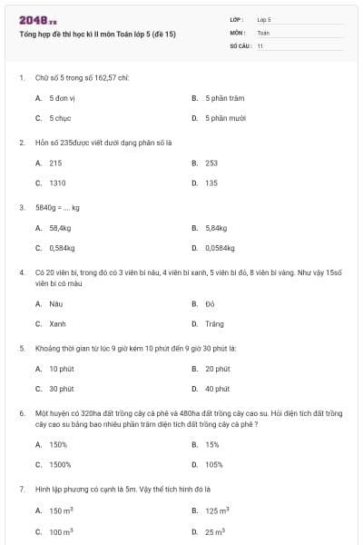 Tổng hợp đề thi học kì II môn Toán lớp 5 (đề 15)