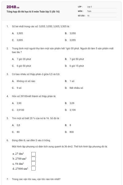 Tổng hợp đề thi học kì II môn Toán lớp 5 (đề 16)