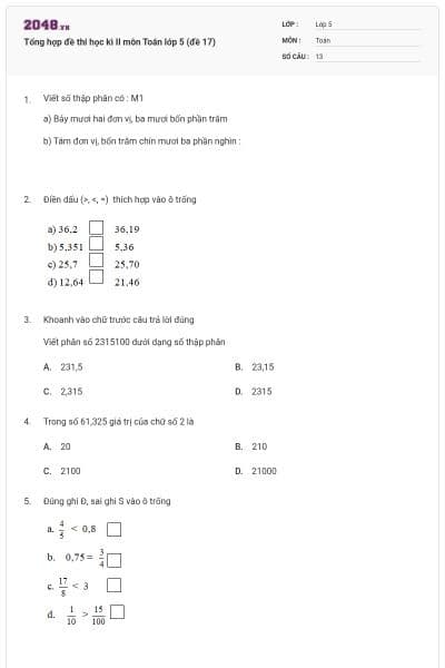 Tổng hợp đề thi học kì II môn Toán lớp 5 (đề 17)