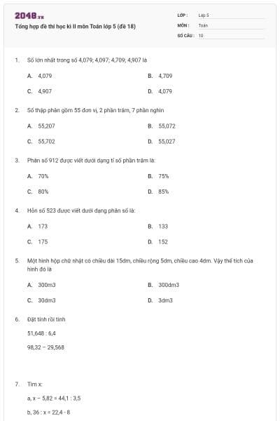 Tổng hợp đề thi học kì II môn Toán lớp 5 (đề 18)