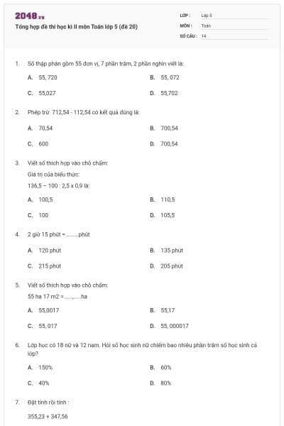 Tổng hợp đề thi học kì II môn Toán lớp 5 (đề 20)