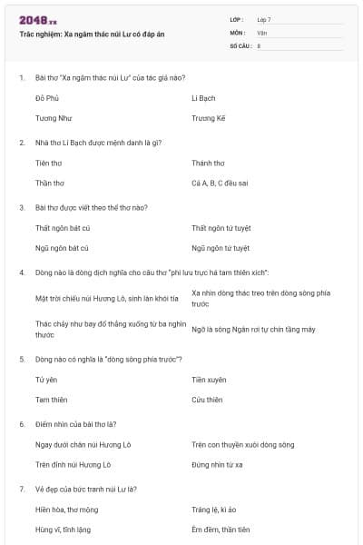 Trắc nghiệm: Xa ngắm thác núi Lư có đáp án