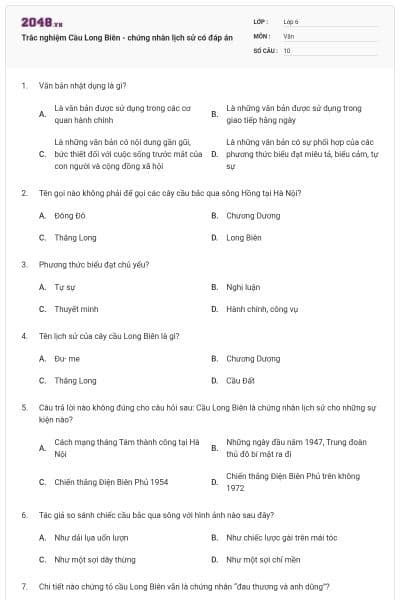 Trắc nghiệm Cầu Long Biên - chứng nhân lịch sử có đáp án