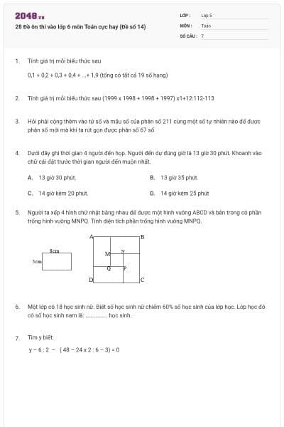 28 Đề ôn thi vào lớp 6 môn Toán cực hay (Đề số 14)