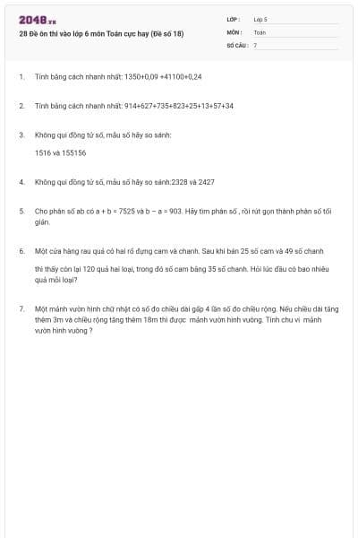 28 Đề ôn thi vào lớp 6 môn Toán cực hay (Đề số 18)