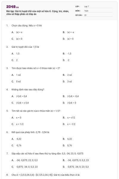 Bài tập: Giá trị tuyệt đối của một số hữu tỉ. Cộng, trừ, nhân, chia số thập phân có đáp án