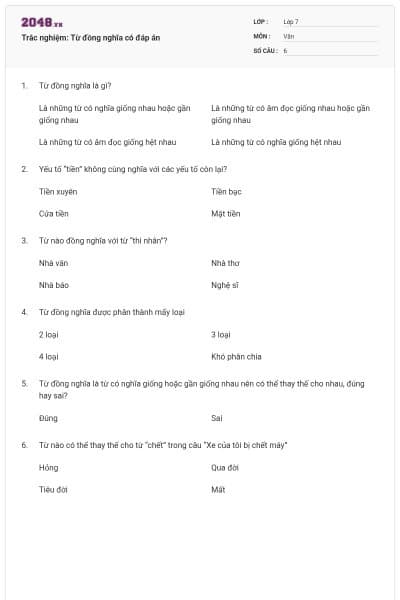 Trắc nghiệm: Từ đồng nghĩa có đáp án