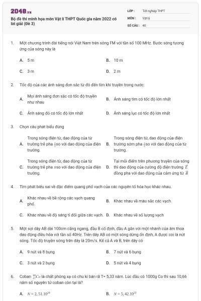 Bộ đề thi minh họa môn Vật lí THPT Quốc gia năm 2022 có lời giải (Đề 3)