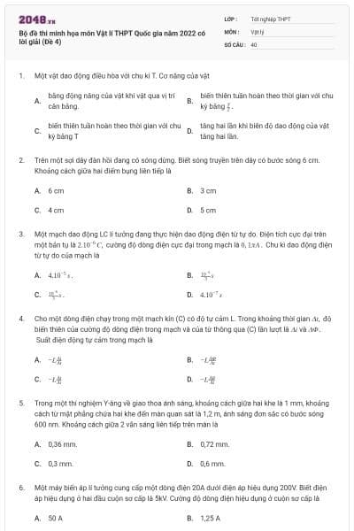 Bộ đề thi minh họa môn Vật lí THPT Quốc gia năm 2022 có lời giải (Đề 4)