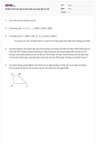 28 Đề ôn thi vào lớp 6 môn Toán cực hay (Đề số 22)