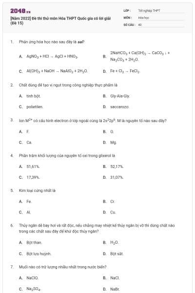 [Năm 2022] Đề thi thử môn Hóa THPT Quốc gia có lời giải (Đề 15)