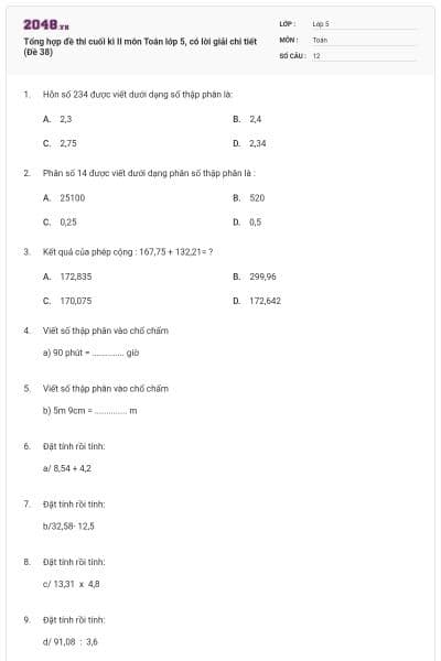 Tổng hợp đề thi cuối kì II môn Toán lớp 5, có lời giải chi tiết (Đề 38)