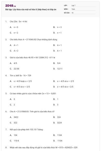 Bài tập: Lũy thừa của một số hữu tỉ (tiếp theo) có đáp án