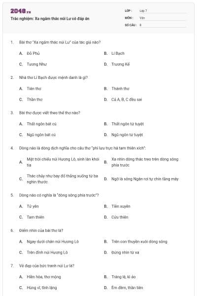 Trắc nghiệm: Xa ngắm thác núi Lư có đáp án