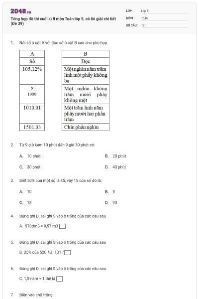 Tổng hợp đề thi cuối kì II môn Toán lớp 5, có lời giải chi tiết (Đề 39)