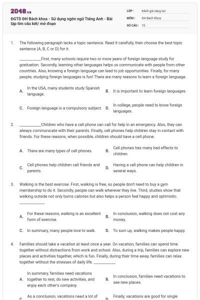 ĐGTD ĐH Bách khoa - Sử dụng ngôn ngữ Tiếng Anh - Bài tập tìm câu kết/ mở đoạn