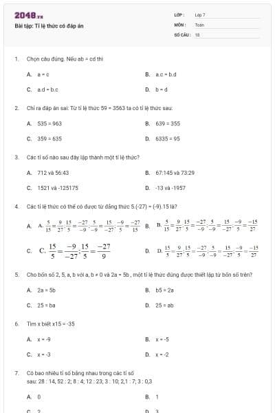 Bài tập: Tỉ lệ thức có đáp án