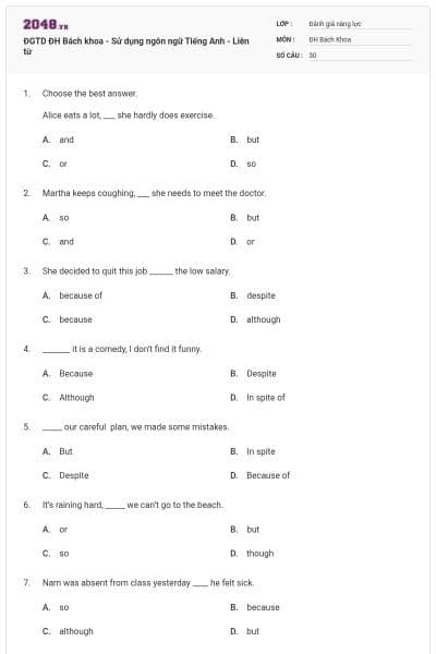 ĐGTD ĐH Bách khoa - Sử dụng ngôn ngữ Tiếng Anh - Liên từ