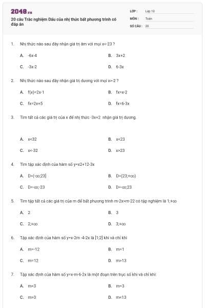 20 câu Trắc nghiệm Dấu của nhị thức bất phương trình có đáp án