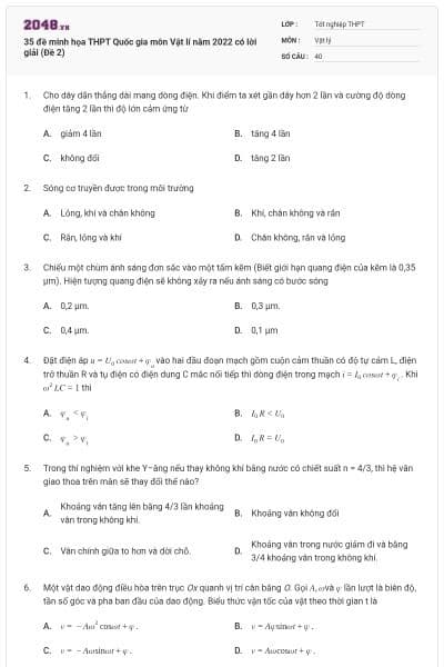 35 đề minh họa THPT Quốc gia môn Vật lí năm 2022 có lời giải (Đề 2)