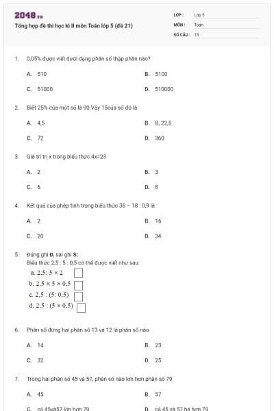 Tổng hợp đề thi học kì II môn Toán lớp 5 (đề 21)