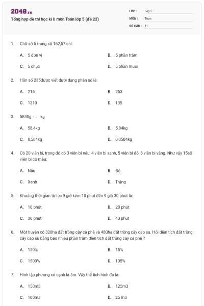 Tổng hợp đề thi học kì II môn Toán lớp 5 (đề 22)
