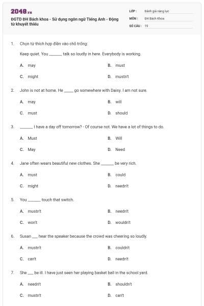 ĐGTD ĐH Bách khoa - Sử dụng ngôn ngữ Tiếng Anh - Động từ khuyết thiếu