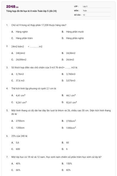 Tổng hợp đề thi học kì II môn Toán lớp 5 (đề 24)