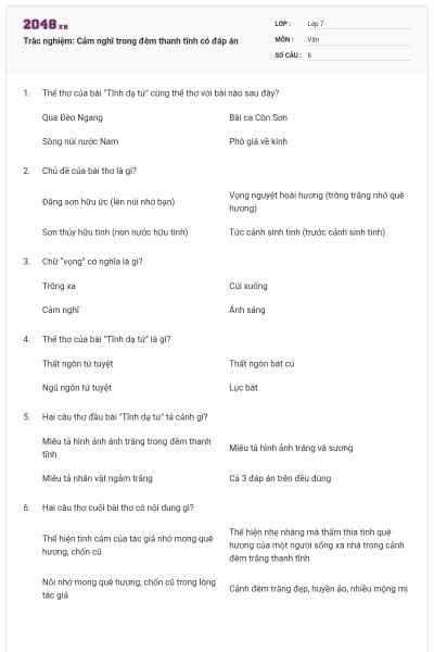 Trắc nghiệm: Cảm nghĩ trong đêm thanh tĩnh có đáp án