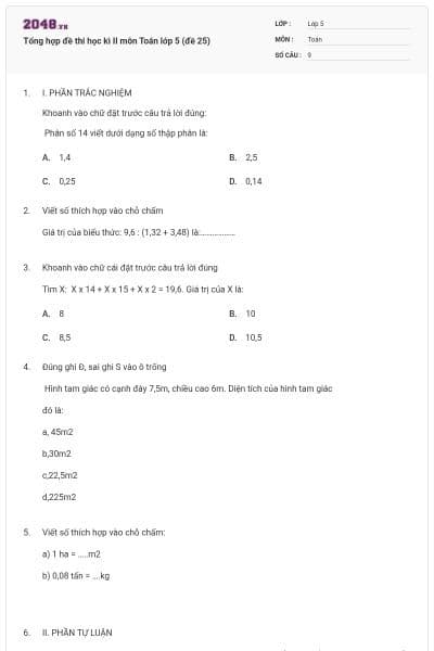 Tổng hợp đề thi học kì II môn Toán lớp 5 (đề 25)