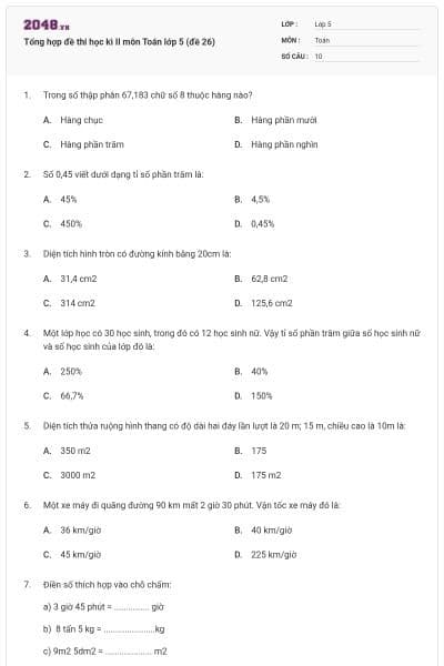 Tổng hợp đề thi học kì II môn Toán lớp 5 (đề 26)