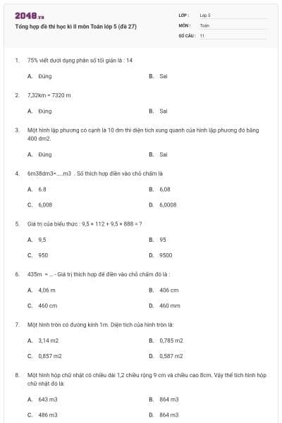 Tổng hợp đề thi học kì II môn Toán lớp 5 (đề 27)