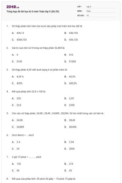 Tổng hợp đề thi học kì II môn Toán lớp 5 (đề 29)