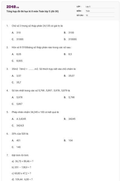 Tổng hợp đề thi học kì II môn Toán lớp 5 (đề 30)