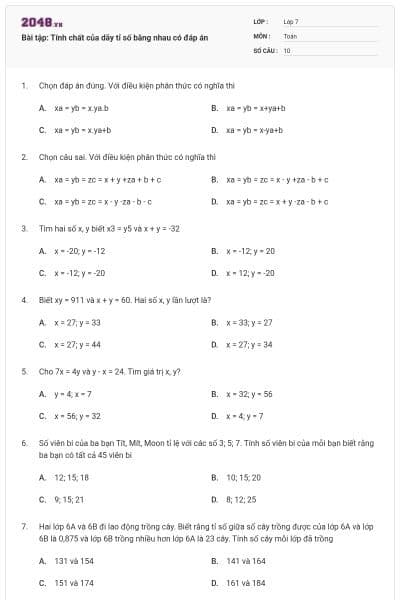 Bài tập: Tính chất của dãy tỉ số bằng nhau có đáp án