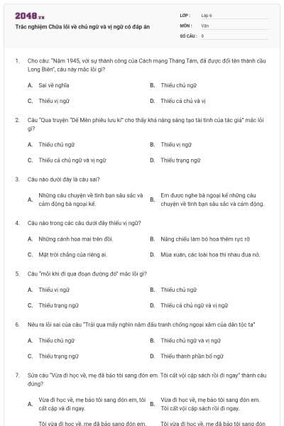 Trắc nghiệm Chữa lỗi về chủ ngữ và vị ngữ có đáp án