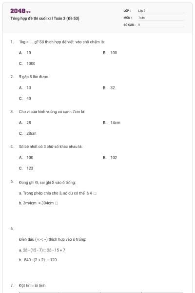 Tổng hợp đề thi cuối kì I Toán 3 (Đề 53)