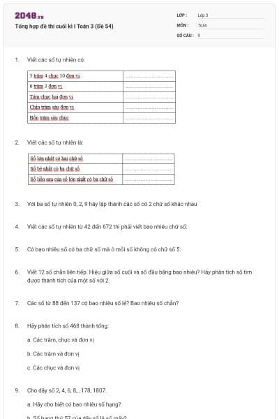Tổng hợp đề thi cuối kì I Toán 3 (Đề 54)