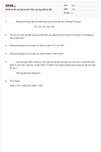 28 Đề ôn thi vào lớp 6 môn Toán cực hay (Đề số 26)