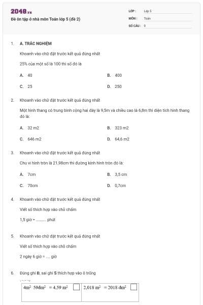 Đề ôn tập ở nhà môn Toán lớp 5 (đề 2)