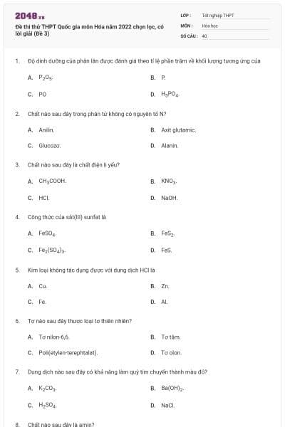 Đề thi thử THPT Quốc gia môn Hóa năm 2022 chọn lọc, có lời giải (Đề 3)