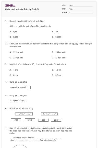 Đề ôn tập ở nhà môn Toán lớp 5 (đề 3)