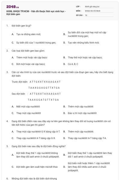 ĐGNL ĐHQG TP.HCM - Vấn đề thuộc lĩnh vực sinh học - Đột biến gen