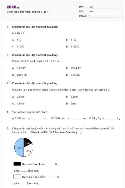 Đề ôn tập ở nhà môn Toán lớp 5 (đề 4)