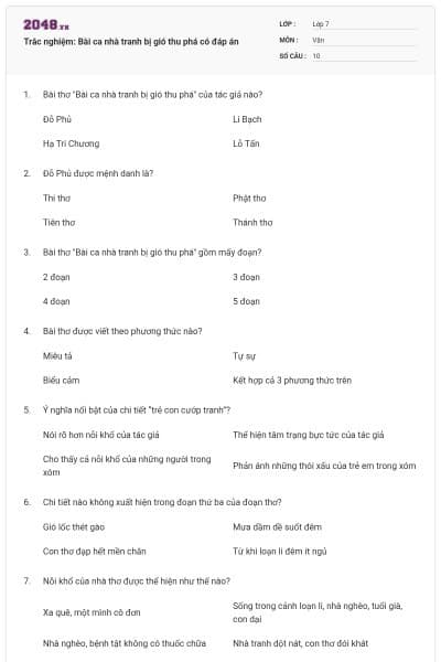 Trắc nghiệm: Bài ca nhà tranh bị gió thu phá có đáp án