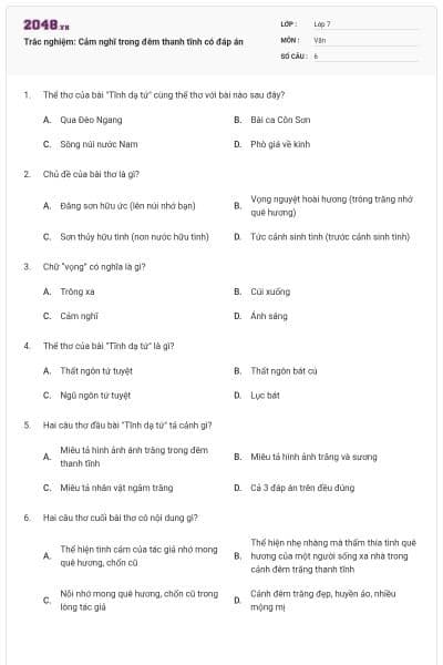 Trắc nghiệm: Cảm nghĩ trong đêm thanh tĩnh có đáp án