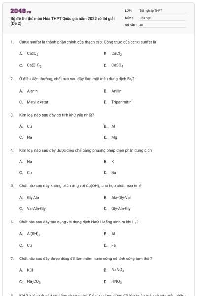 Bộ đề thi thử môn Hóa THPT Quốc gia năm 2022 có lời giải (Đề 2)